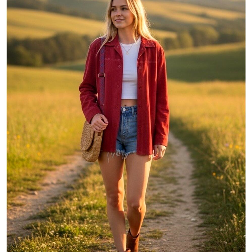 Vintage Red Genuine Suede Leather Shirt Jacket Women's M Retro Western Boho 90s